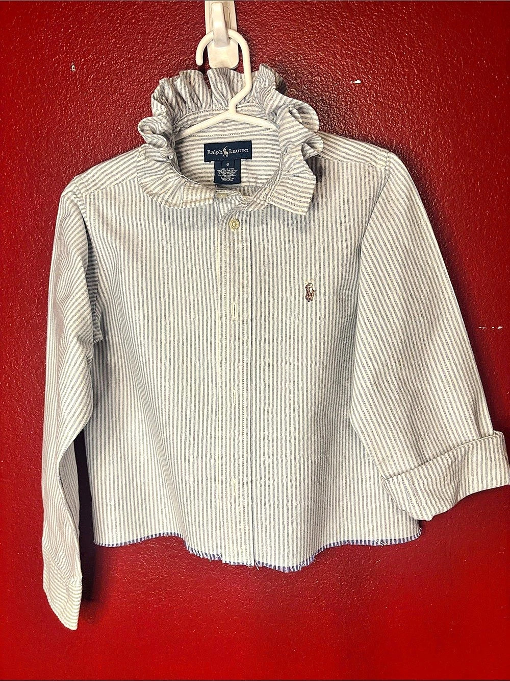 Ralph Lauren Girls Striped Ruffle Neck Button-Down Shirt, Size 6